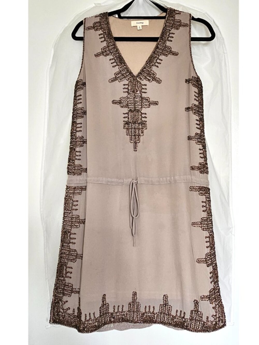 Freeway Beaded Sleeveless Boho Tunic Mini Dress w Dust Bag M Taupe Brown